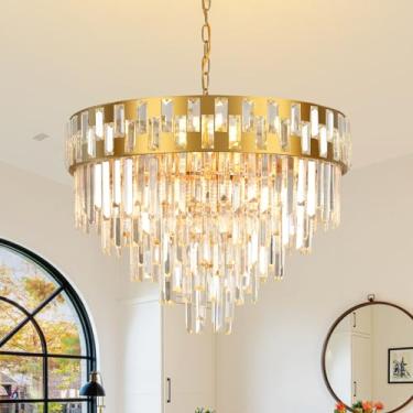 Imagem de AKDXIRUN Lustre De Cristal Dourado, Moderno 5 Níveis, Redondo, Grande, Contemporâneo, Pendente, Luminária Teto Para Sala Estar, Quarto, Hall Entrada, W24''