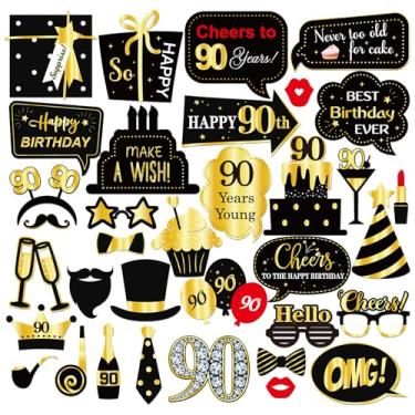 Imagem de INNORU Adereços Para Cabine De Fotos Aniversário 90 Anos, Sessão Feminina E Masculina, Acessórios Engraçados Fotografia, Lembrancinhas Festa Palitos Centro Mesa, Decorações Pretas Douradas, 35 Peças