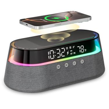 Imagem de KUANGXIANG Despertador 6 Em 1 Para Quarto, Alto-Falante Digital Com Carregamento Sem Fio De 15 W, Rádio Fm, Luz Noturna Led, Alarme Duplo, Cinza Escuro