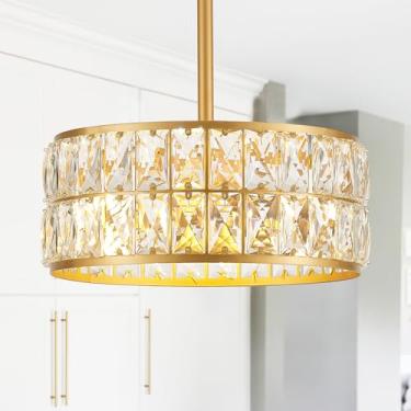 Imagem de Salaiwei Lustre De Cristal Moderno 12" Com 3 Luzes, Dourado, Para Sala Jantar, Redondo Pendente Ilha Cozinha, Teto Embutido Estar, Entrada, Quarto, Hall Entrada