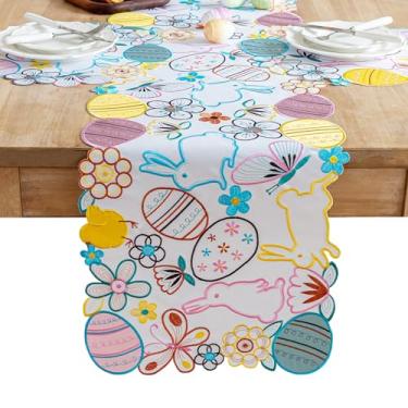 Imagem de Joyfol Day Caminho De Mesa Com Ovos Coelho Da Páscoa Day, Caminhos Borboletas E Flores Primavera, Bordados Recortes Florais Coelhos, Cachecol Para Decoração Jantar Cozinha Em Casa (14 X 86")