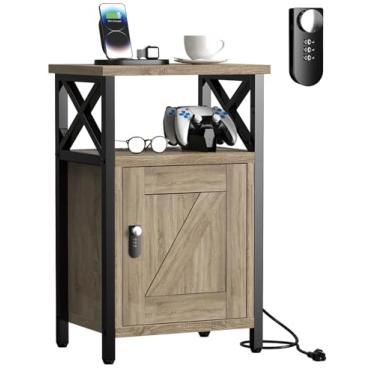 Imagem de runjuly Criado-Mudo De Madeira Com Fechadura, Gavetas Para Mesa Cabeceira, Estação Carregamento 3 Usb E 2 Tomadas, Armazenamento Criado-Mudo, Mesas Laterais Sala Estar, Quarto, Cinza