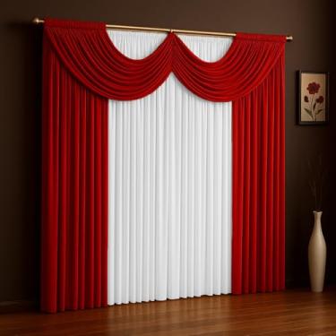 Imagem de Cortina Paris Com Bandô Para Sala, Quarto 3,00 m x 2,70 m Malha Gel (Vermelho com Branco)