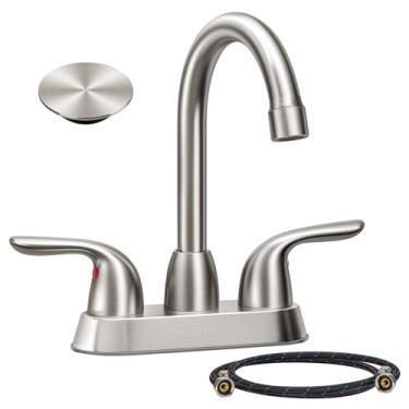 Imagem de SOKA Torneira de pia de banheiro para 3 furos, torneira de aço inoxidável de 10 cm para banheiro, torneiras de banheiro com placa de deck e conjunto de dreno pop-up torneira de 2 alças para pia de