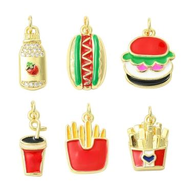 Imagem de DanLingJewelry 6 peças de pingentes de imitação de cor dourada de fast food latão, hambúrguer, cachorro-quente, batatas fritas, pingentes para artesanato faça você mesmo, chaveiro, colar, joias