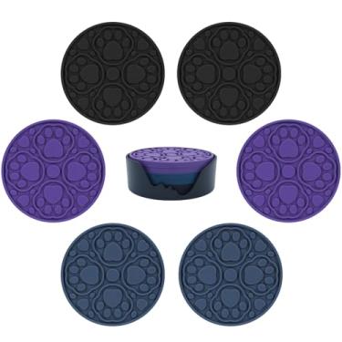 Imagem de [Pacote com 6 com suporte] Porta-copos de silicone – Porta-copos redondos de 10 cm antiderrapante, resistente ao calor (preto, azul, roxo) - Tapete de copo seguro para lava-louças para bebidas quentes