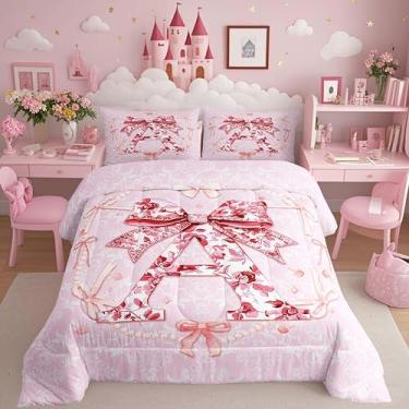 Imagem de Erosebridal Conjunto de edredom com laço fofo, tamanho casal, para meninas, crianças, adolescentes, vintage, feminino, moderno, floral, monograma, aquarela, inicial A, presente de aniversário