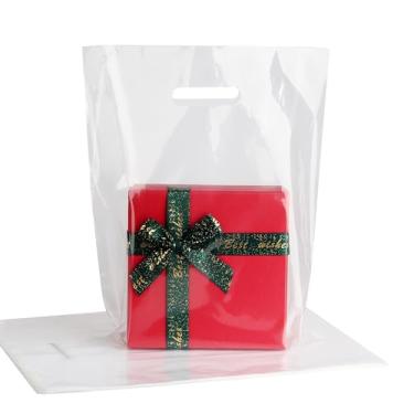 Imagem de Pacote com 100 sacos de plástico transparente com alças de 30 x 38 cm - 1,75 mm de espessura para boutique, loja de roupas, loja de presentes, sacola de compras transparente a granel para pequenas