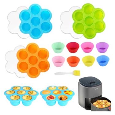 Imagem de WATUNID Pacote com 3 moldes de silicone para mordidas de ovos para fritadeira a ar, máquina de picar ovos antiaderentes com 1 peça de escovas de óleo e 8 peças de copos de muffin, molde de ovo