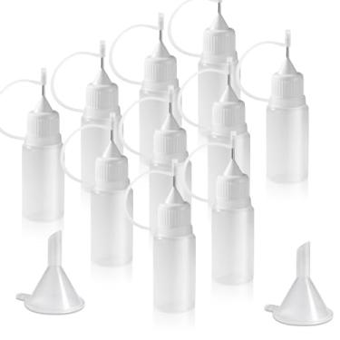 Imagem de HARSKIYER Frasco aplicador de ponta de precisão de 10 ml, 10 frascos brancos de apertar com ponta de agulha fina com 2 mini funil, aplicador de linha fina com tampas à prova de vazamento para DIY