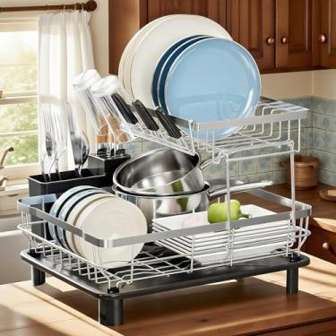 Imagem de MOUKABAL Escorredor de pratos - Escorredor de pratos de aço inoxidável de 2 níveis, escorredor de pratos para balcão de cozinha, escorredor de cozinha com suporte de utensílios removível e escorredor