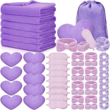 Imagem de Fanfanwin Conjunto de 63 peças de artigos de festa do pijama no spa, 9 cobertores de lã, 9 travesseiros de coração fofo, 9 máscaras de cetim para os olhos, 9 faixas de spa, 9 pulseiras, 9 elásticos de