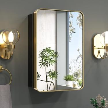 Imagem de Keonjinn Armário de remédios de banheiro dourado com espelho 40,6 x 61 cm, pequeno armário de remédios de latão escovado, moldura de aço inoxidável, prateleiras ajustáveis contínuas, dobradiças DTC