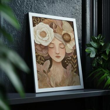Imagem de Quadro Decorativo Menina Flor Com Moldura - Arte Feminina Floral Delicada Criança Flores Decoração Quarto Sala Infantil Nuances