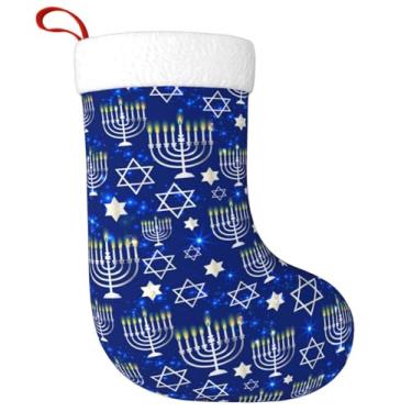 Imagem de REDQKGORQ Meia de Natal de Hanukkah para festa de Natal, família, amigos, decoração, presente, brilhando com menorá azul judaico Chanucá Estrela de Davi, meias natalinas 28 x 45 cm