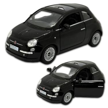 Imagem de Carrinho de ferro Miniatura Fiat 500 2007, Em Metal, Com fricção, escala 1:28, 12 Cm de comprimento (Preto)
