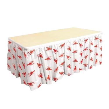 Imagem de Beistle Rodapé de mesa de lagostins – Saia de mesa de plástico branco com borda autoadesiva e impressão vermelha para fervores de lagosta, festas de frutos do mar, festas de cajun, carnaval e reuniões