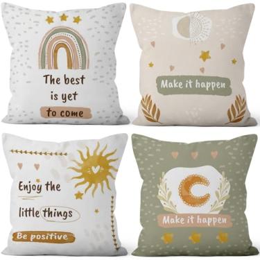 Imagem de Vie Savaran Capas de almofada decorativas minimalistas 40,6 cm x 40,6 cm, conjunto de 4, Make It Happy Star Moon Sun Rainbow Lovely Cushion Cover para sofá, cadeira, sofá, cama, escritório, jardim