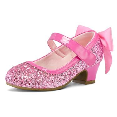 Imagem de K KomForme Sapatos sociais femininos Mary Jane Glitter com laço, salto baixo festa casamento princesa sapatos (bebês/crianças pequenas/crianças grandes), Seda brilhante rosa, 15