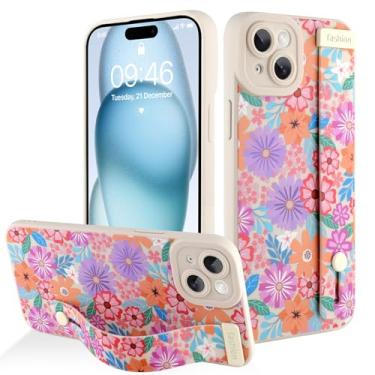 Imagem de AIGOMARA Capa para iPhone 15 Plus com alça para mulheres e meninas, linda estampa de flores florais coloridas, capa protetora de silicone com suporte de faixa macia, branca