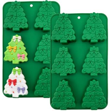 Imagem de Moldes de silicone para árvore de Natal, pacote com 2, moldes de chocolate de Natal para assar molde de bolo de Natal 3D, vela de férias, molde de resina, sabão de pinheiro, molde de cubo de gelo para