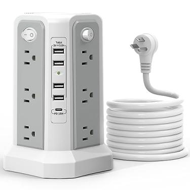 Imagem de PASSUS - Faixa de alimentação de 1625 W e 13 A com porta USB C, torre protetora de sugre com múltiplas tomadas, cabo de 10 pés, tomada plana de sobrecarga para casa, escritório, câmara essenciais
