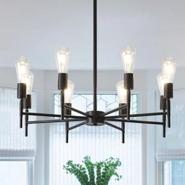 Imagem de NILSE Lustre preto, lustre de sala de jantar com 8 luzes, tomada de lâmpada rotativa, luminária de teto vintage industrial de 68 cm, luminária pendente ajustável de altura para cozinha, ilha, sala de