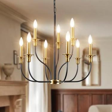 Imagem de JZQWCK Lustre preto e dourado para luminária de sala de jantar, 9 luzes lustres modernos de fazenda para sala de estar pendurado vela lustre luminária de teto para foyer de cozinha