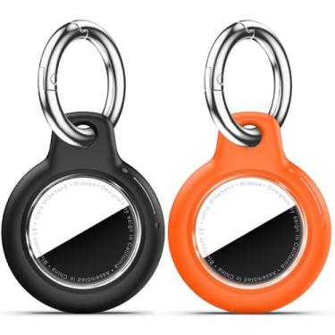 Imagem de Pacote com 2 Airtags de suporte à prova d'água com chaveiro Apple AirTag, capa rígida para PC AirTag, suporte antiarranhões e choques, chaveiros e chaveiros masculinos femininos - preto + laranja
