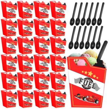 Imagem de Uiifan 24 conjuntos de tigelas de sorvete de corrida, conjunto de colheres de plástico, copos de iogurte congelados com colher, decoração de festa de carro de corrida para crianças, tema de corrida