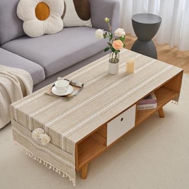 Imagem de Toalha de mesa de café retangular listrada toalha de mesa de linho rústica com borlas e bolsos bordada jacquard lavável capas de mesa de café para sala de estar, cozinha, decoração de casa, 61 x 183