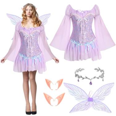 Imagem de Foaincore Conjunto de 6 peças de fantasias femininas de fada, ombro de fora, vestido curto, espartilho floral, strass, tiara, orelhas de elfo, asas, Roxa, Small