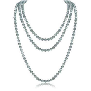 Imagem de GHGMAO Colares de pérolas longas para mulheres, colar de pérolas falsas cinza de 150 cm, colar de pérolas longas para festa de casamento, bijuteria Gatsby dos anos 20