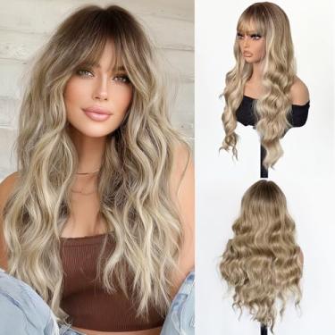 Imagem de Peruca loira suja com franja loira ondulada para mulheres brancas 66 cm platinado loiro destaque perucas com raízes escuras perucas sem cola para mulheres, peruca sintética natural encaracolada