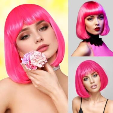 Imagem de Perucas Bob rosa choque com franja reta perucas curtas para mulheres peruca rosa sintética para cosplay feminino peruca engraçada para festa Halloween uso diário anime fantasia eventos