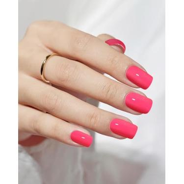 Imagem de 24 peças de unhas curtas quadradas com cola gelatinosa, kit reutilizável de unhas postiças de gel macio para mulheres e meninas com recurso de revestimento protetor UV, faça você mesmo, unhas rosa