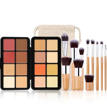Imagem de RoseFlower Paleta de maquiagem de 16 cores, tamanho completo, inclui bronzeador facial, blush, oculto, marcador, contorno, sombra, 10 pincéis de maquiagem, para viagens, férias, profissional, uso