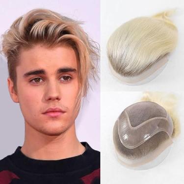 Imagem de Lavishairs Peruca de cabelo humano de cor loira para homens, perucas 20 x 25 cm, base de poliuretano, apliques de cabelo reto, substituição de peruca masculina, sistema de cabelo com raízes escuras