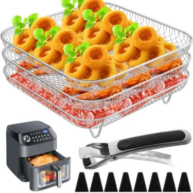 Imagem de Rack de fritadeira a ar quadrado de 3 camadas, rack quadrado de 20 cm, desidratador de aço inoxidável, cesta empilhável para fritadeira a ar com 2 pés de silicone, 1 clipe antiqueimadura para