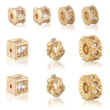 Imagem de Spritewelry 10 peças, 5 estilos, contas de strass de zircão, contas espaçadoras de ouro, contas preenchidas com latão, formas mistas para pulseira, colar, fabricação de joias