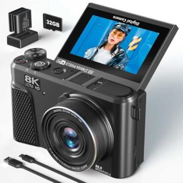 Imagem de Câmera digital 8K para fotografia, câmera vlogging de 88 MP para YouTube com tela flip de 3'180°, zoom digital 18X e foco automático com cartão SD Mirco 32G, 2 baterias