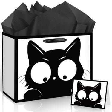 Imagem de Saco de presente de aniversário de gato engraçado gato preto decorações de aniversário desenho animado miau preto saco de papel de embrulho com cartão de felicitações para meninos meninas chá de bebê