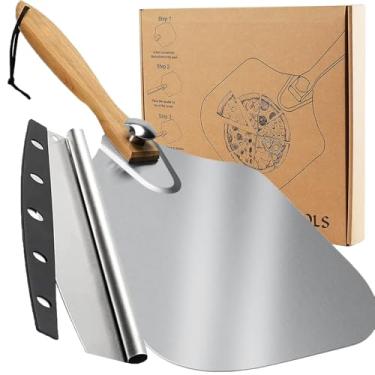 Imagem de ABM&Y Cortador de pizza e cortador de pizza, acessórios para assar no forno, pá de pizza de 30 x 35 cm com espátula grande de pizza, cabo de madeira dobrável, máquina de pizza interna e externa, massa