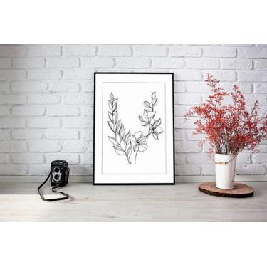 Imagem de Quadro Com Moldura Ramos de Flores Ilustrado Preto e Branco - Core Dec
