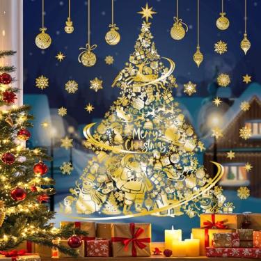 Imagem de decalmile Grande árvore de Natal dourada dupla face cings Natal Papai Noel flocos de neve anti-colisão vidro portas adesivos adesivos de janela decalques