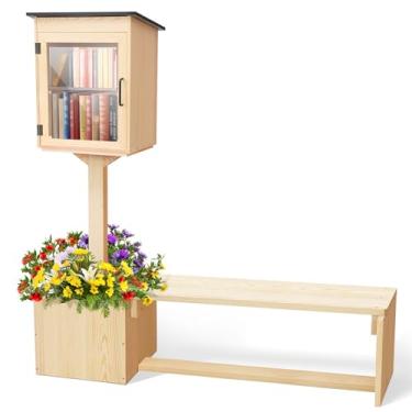 Imagem de Wonderjune Pequena caixa de madeira para biblioteca, biblioteca gratuita ao ar livre, caixa dupla para uso externo com assentos de madeira combinando, plugues de chão e pequena cerca de flores para