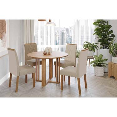 Imagem de Conjunto: Mesa de Cozinha Flora Tampo Madeirado 109cm e 4 Cadeiras Juliana Cinamomo - Carvalho/Linho Bege - Cimol