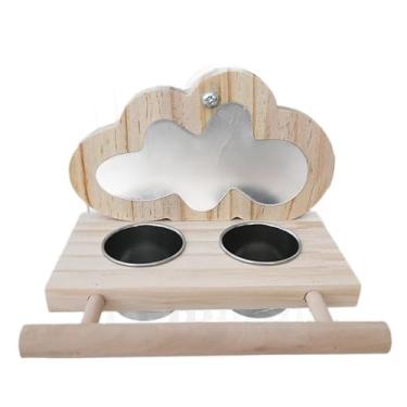 Imagem de Alimentador ecológico para pássaros com prato de aço inoxidável, poleiros de madeira natural e espelho – Fácil de limpar/refil para papagaio, calopsitas, periquitos, periquitos e pássaros pequenos