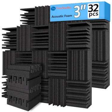 Imagem de TroyStudio Painéis de espuma acústica grossa, 32 x 30 x 7 cm, 32 peças, espuma absorvente de som de banda larga, azulejo acolchoado à prova de som denso, absorvente de espuma de estúdio de gravação