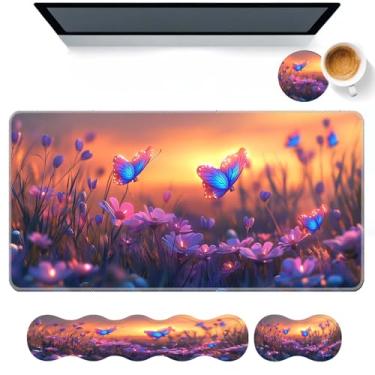 Imagem de DHEEBFWE Conjunto de mouse pad de teclado, grande mesa + descanso de pulso para teclado + suporte de pulso para mouse + porta-copos para alívio da dor fácil de digitar, suporte de pulso antiderrapante